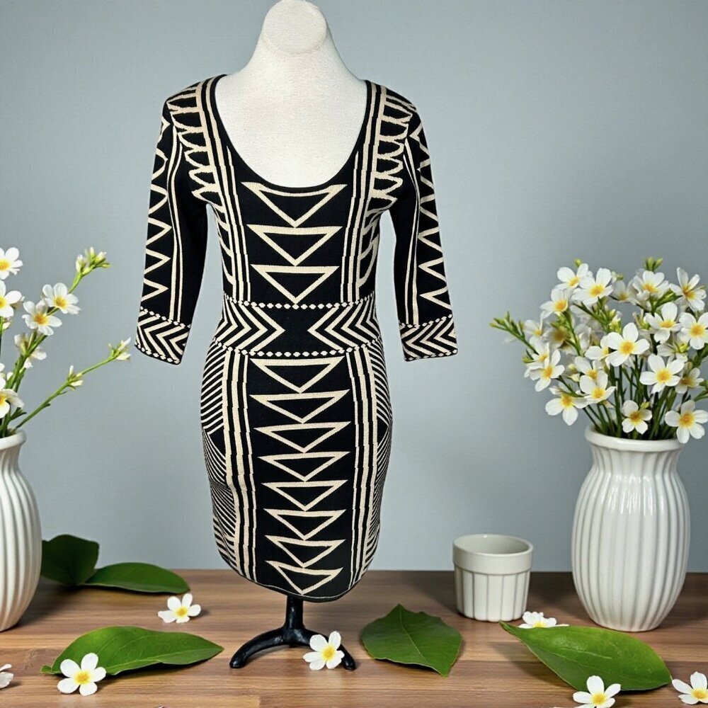 Flying Tomato Dress Black and Tan Geometric Bodycon Bandage Long Sleeve Size M